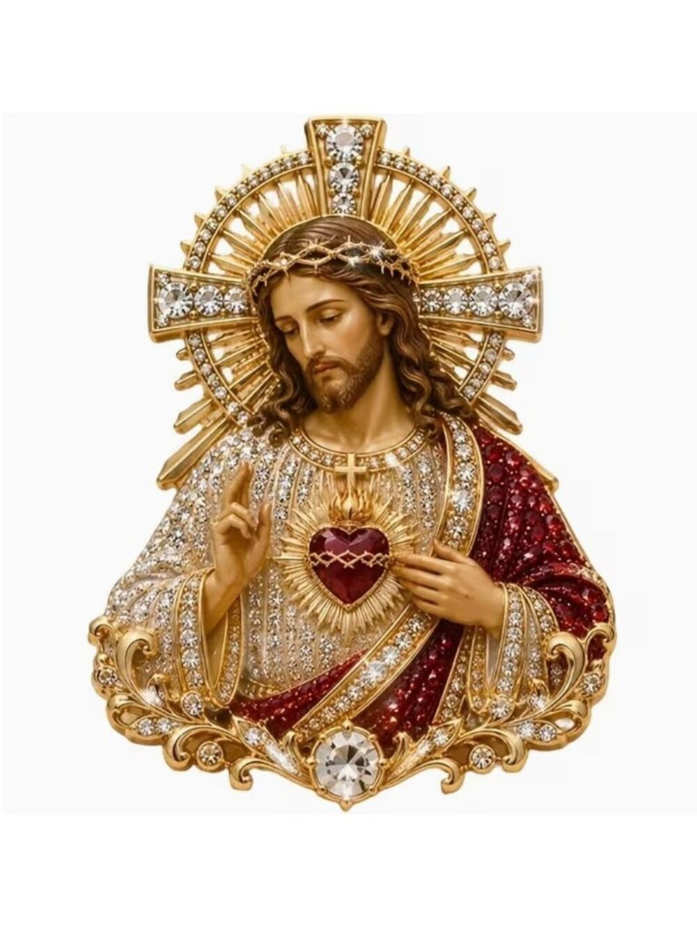 Sacred Heart Of Jesus Printed Enamel Brooch with Crystals Gold Tone